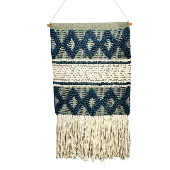 Boho Woven Wool Wall Hanging Tapestry Size 17" x 34" Cream Tan Blue Neutral - Picture 1 of 10